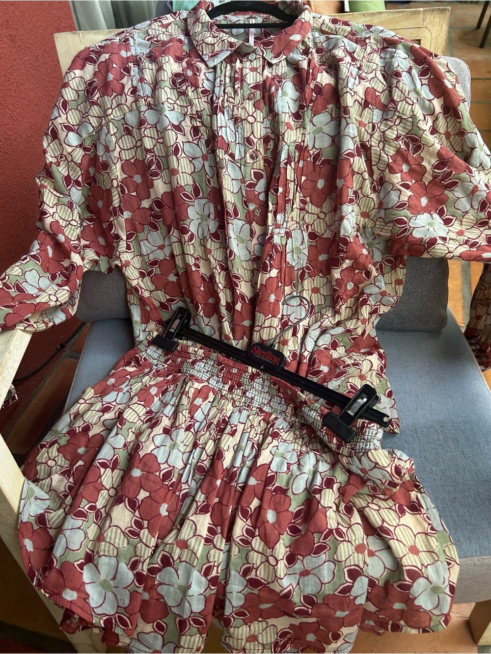 Free People Rust, Baby Blue, Cream Floral Two-Piece Skort Set Size L-XL